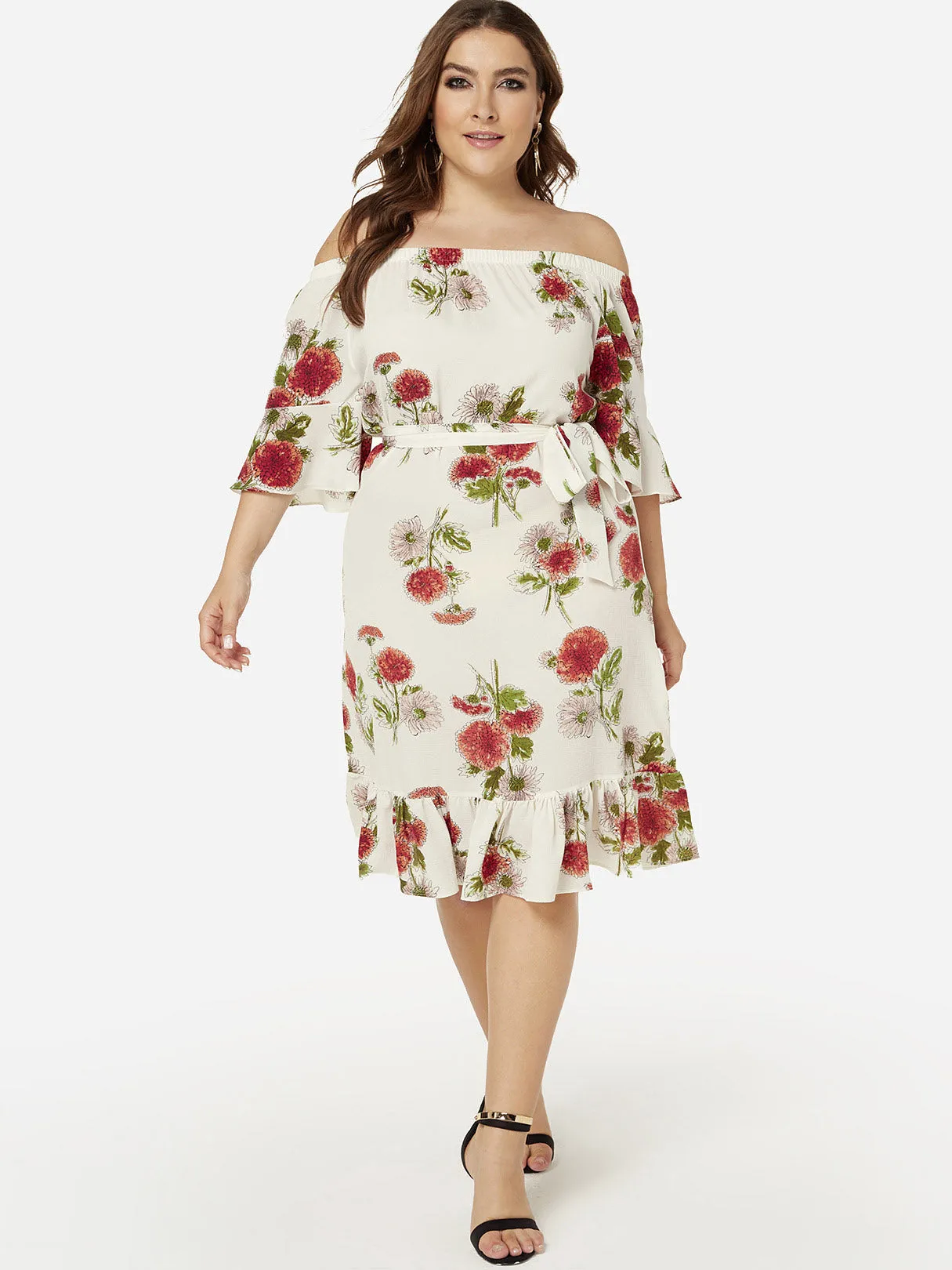 OEM ODM Off The Shoulder Floral Print Half Sleeve Flounced Hem Plus Size Dresses