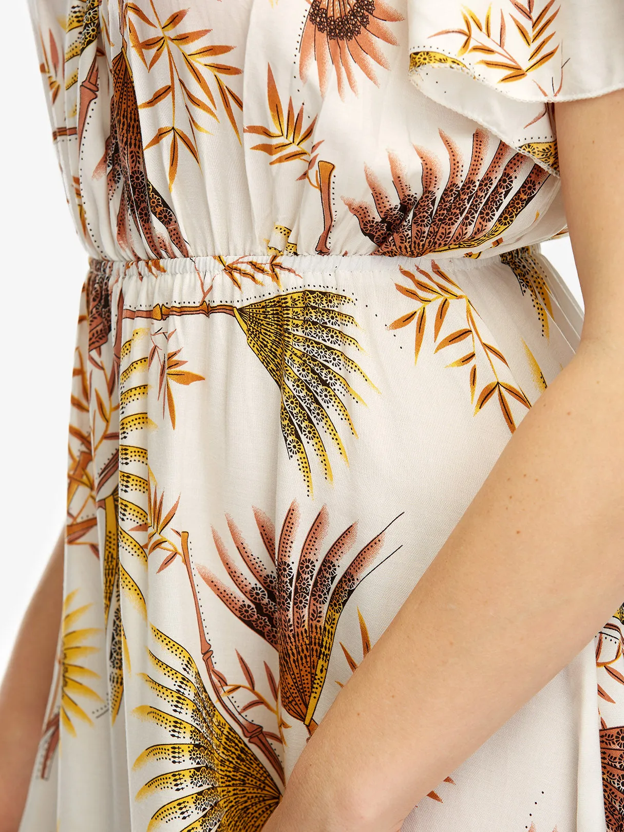 OEM ODM Off The Shoulder Floral Print Pleated Short Sleeve High-Low Hem Plus Size Dresses