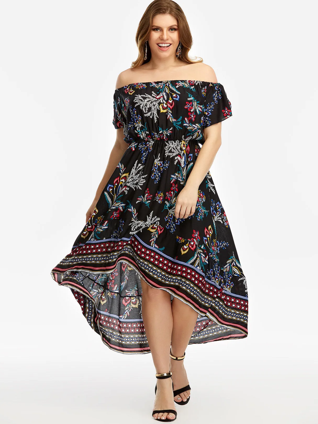 OEM ODM Off The Shoulder Floral Print Pleated Short Sleeve High-Low Hem Plus Size Dresses