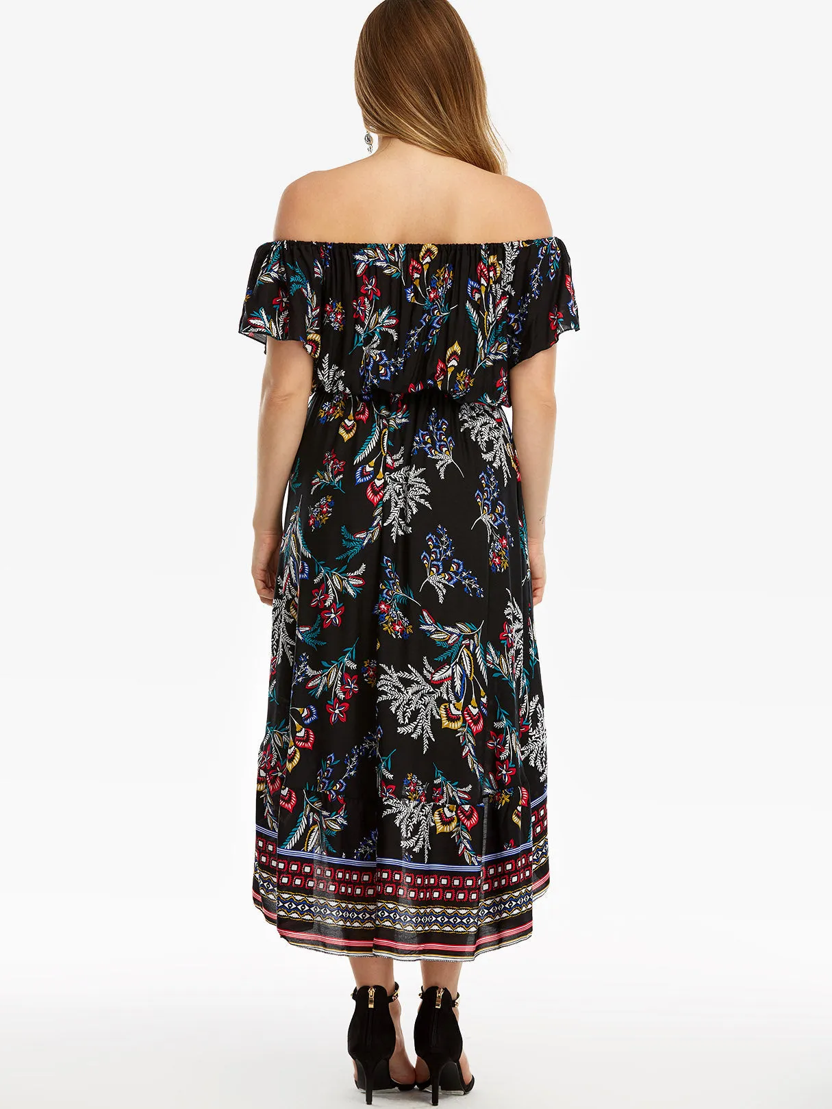 OEM ODM Off The Shoulder Floral Print Pleated Short Sleeve High-Low Hem Plus Size Dresses