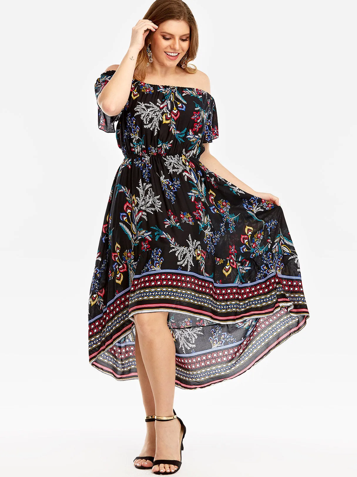 OEM ODM Off The Shoulder Floral Print Pleated Short Sleeve High-Low Hem Plus Size Dresses