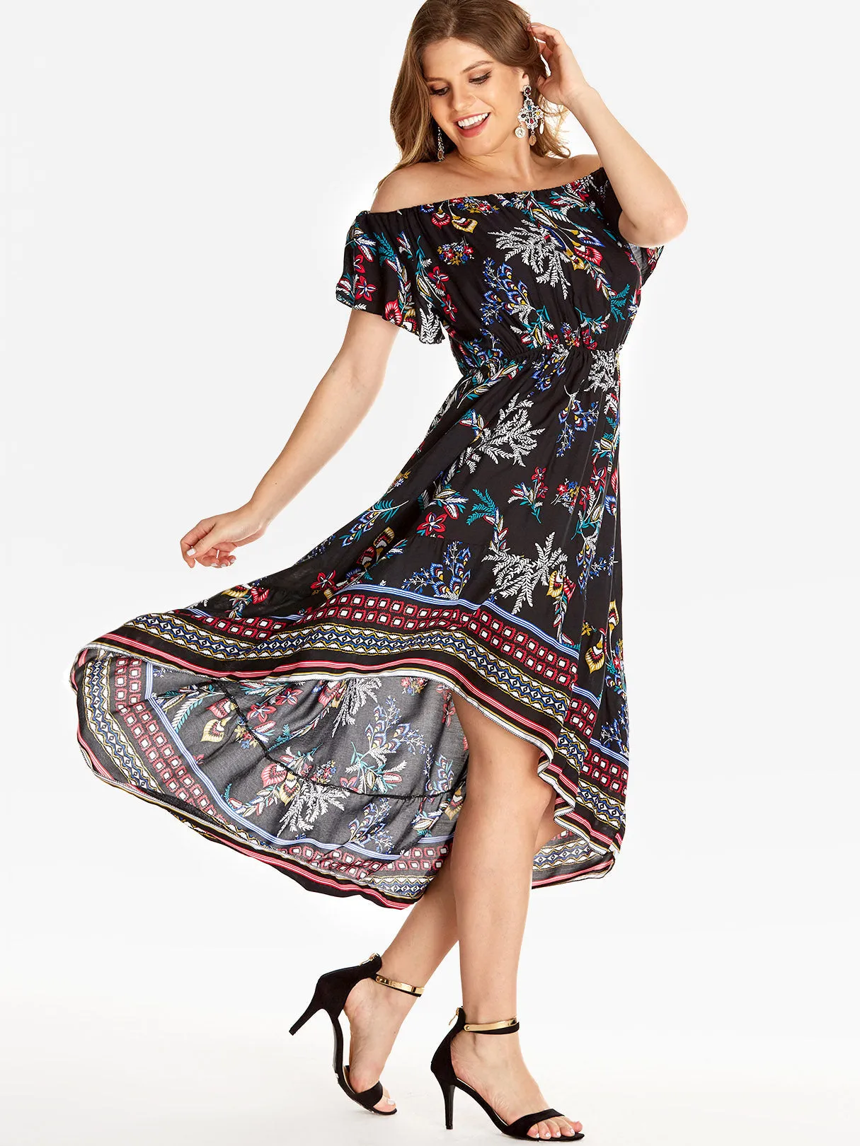 OEM ODM Off The Shoulder Floral Print Pleated Short Sleeve High-Low Hem Plus Size Dresses