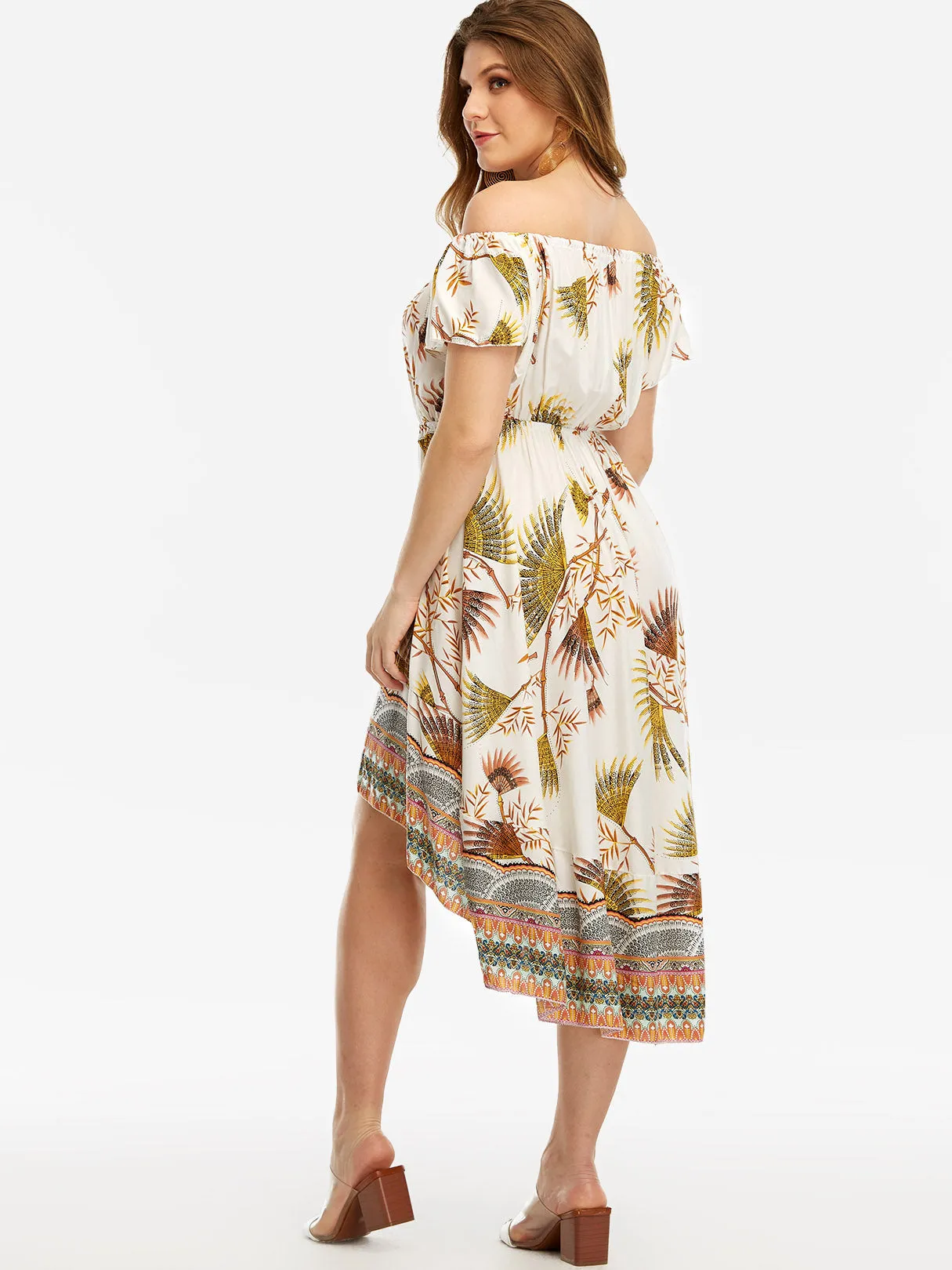 OEM ODM Off The Shoulder Floral Print Pleated Short Sleeve High-Low Hem Plus Size Dresses