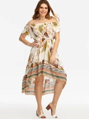 OEM ODM Off The Shoulder Floral Print Pleated Short Sleeve High-Low Hem Plus Size Dresses