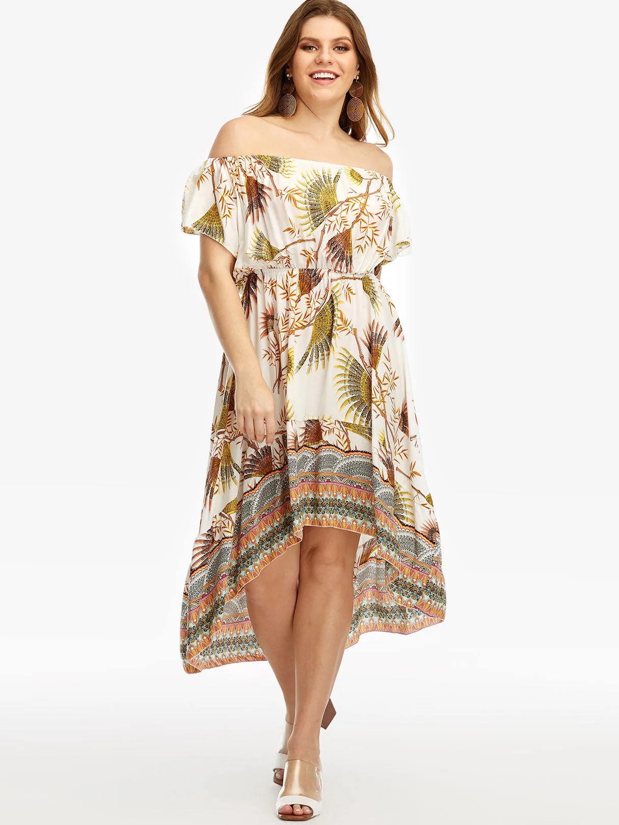 OEM ODM Off The Shoulder Floral Print Pleated Short Sleeve High-Low Hem Plus Size Dresses