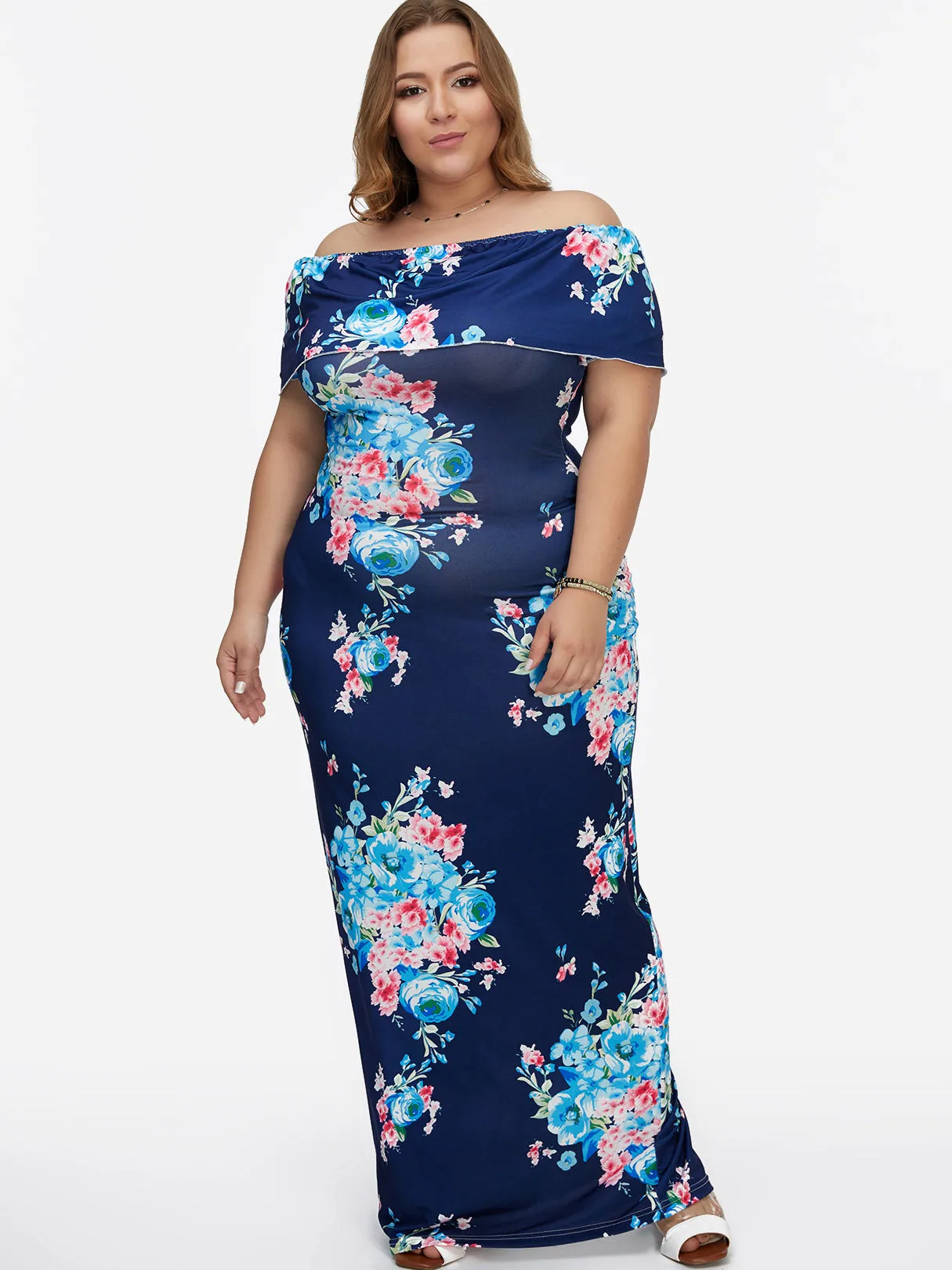 OEM ODM Off The Shoulder Floral Print Tiered Backless Short Sleeve Blue Plus Size Maxi Dress