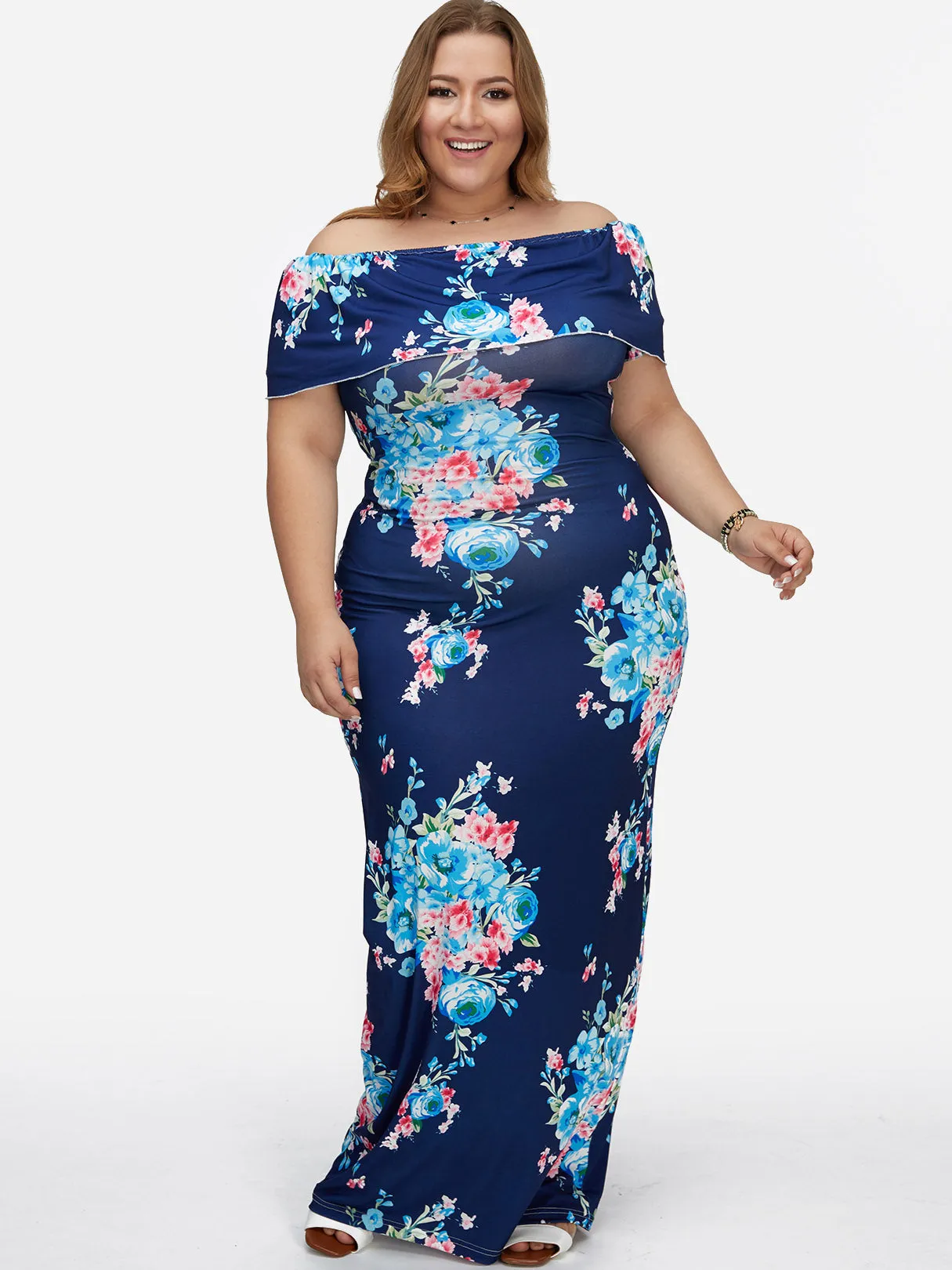 OEM ODM Off The Shoulder Floral Print Tiered Backless Short Sleeve Blue Plus Size Maxi Dress