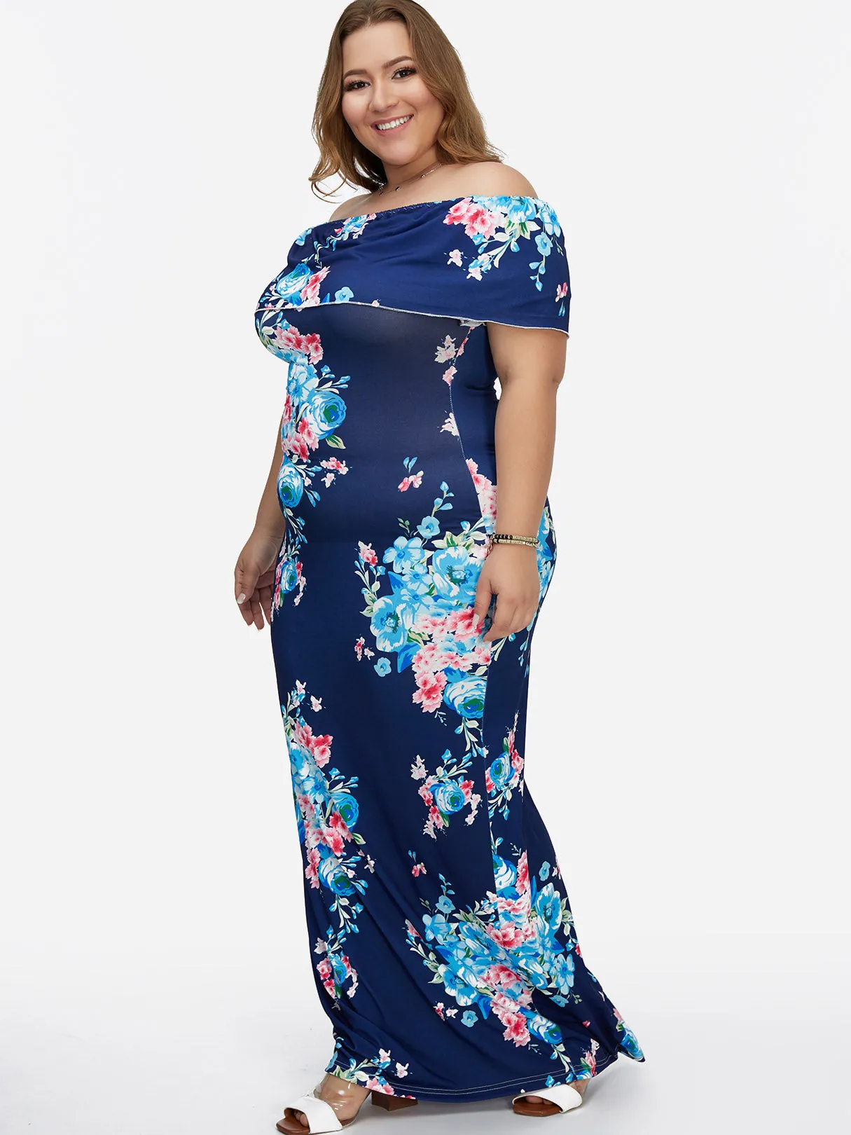 OEM ODM Off The Shoulder Floral Print Tiered Backless Short Sleeve Blue Plus Size Maxi Dress
