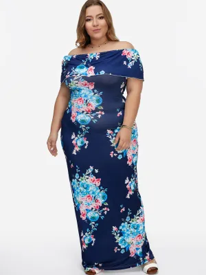 OEM ODM Off The Shoulder Floral Print Tiered Backless Short Sleeve Blue Plus Size Maxi Dress