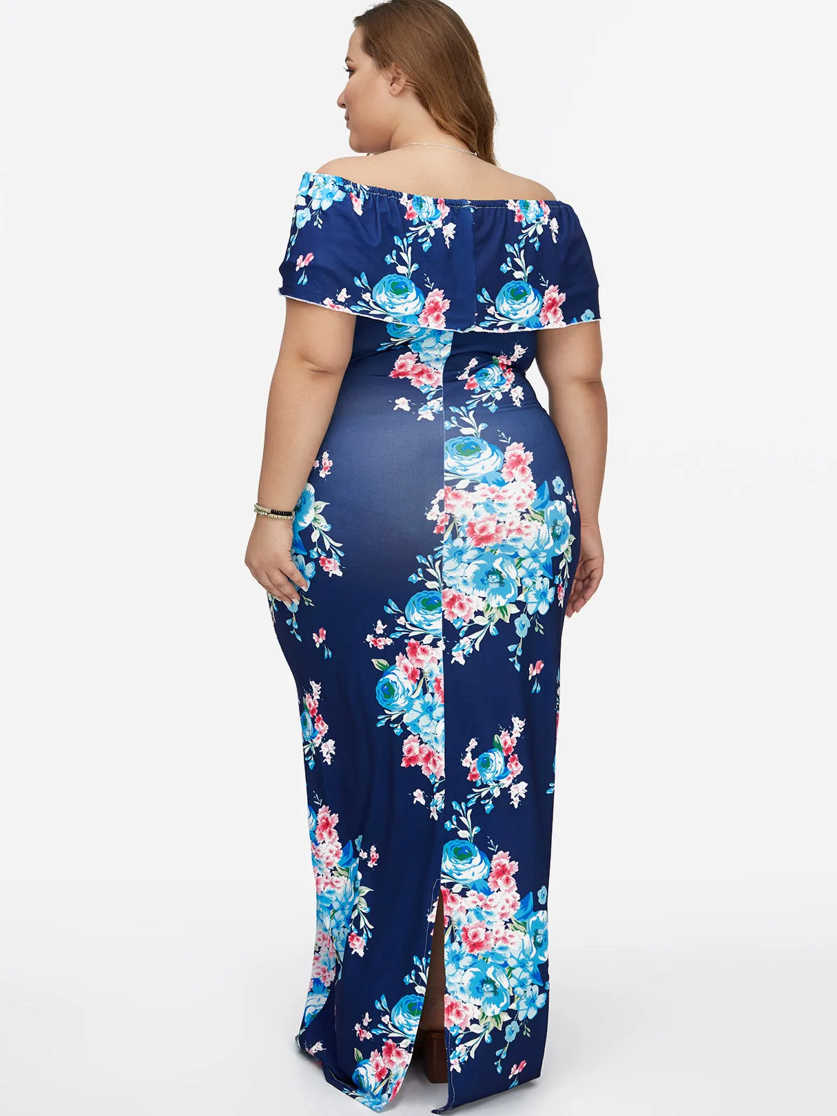 OEM ODM Off The Shoulder Floral Print Tiered Backless Short Sleeve Blue Plus Size Maxi Dress