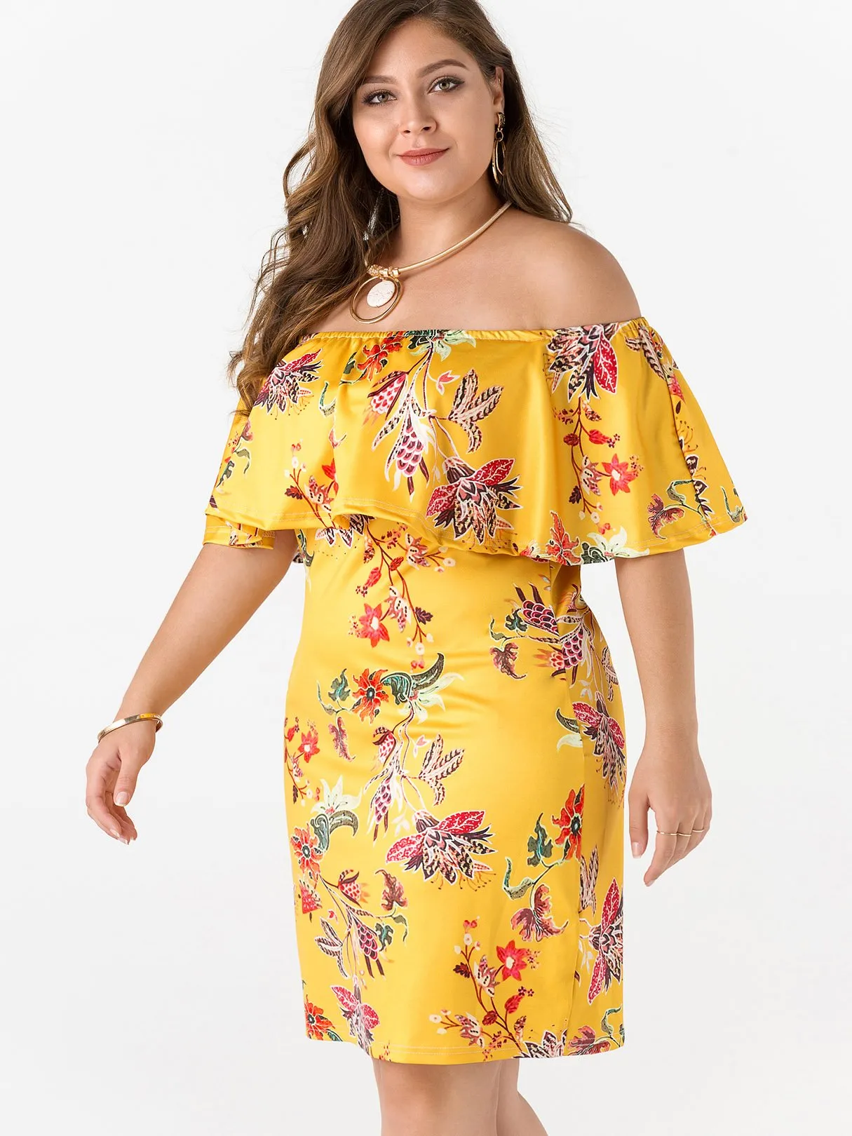 OEM ODM Off The Shoulder Floral Print Tiered Half Sleeve Yellow Plus Size Dress