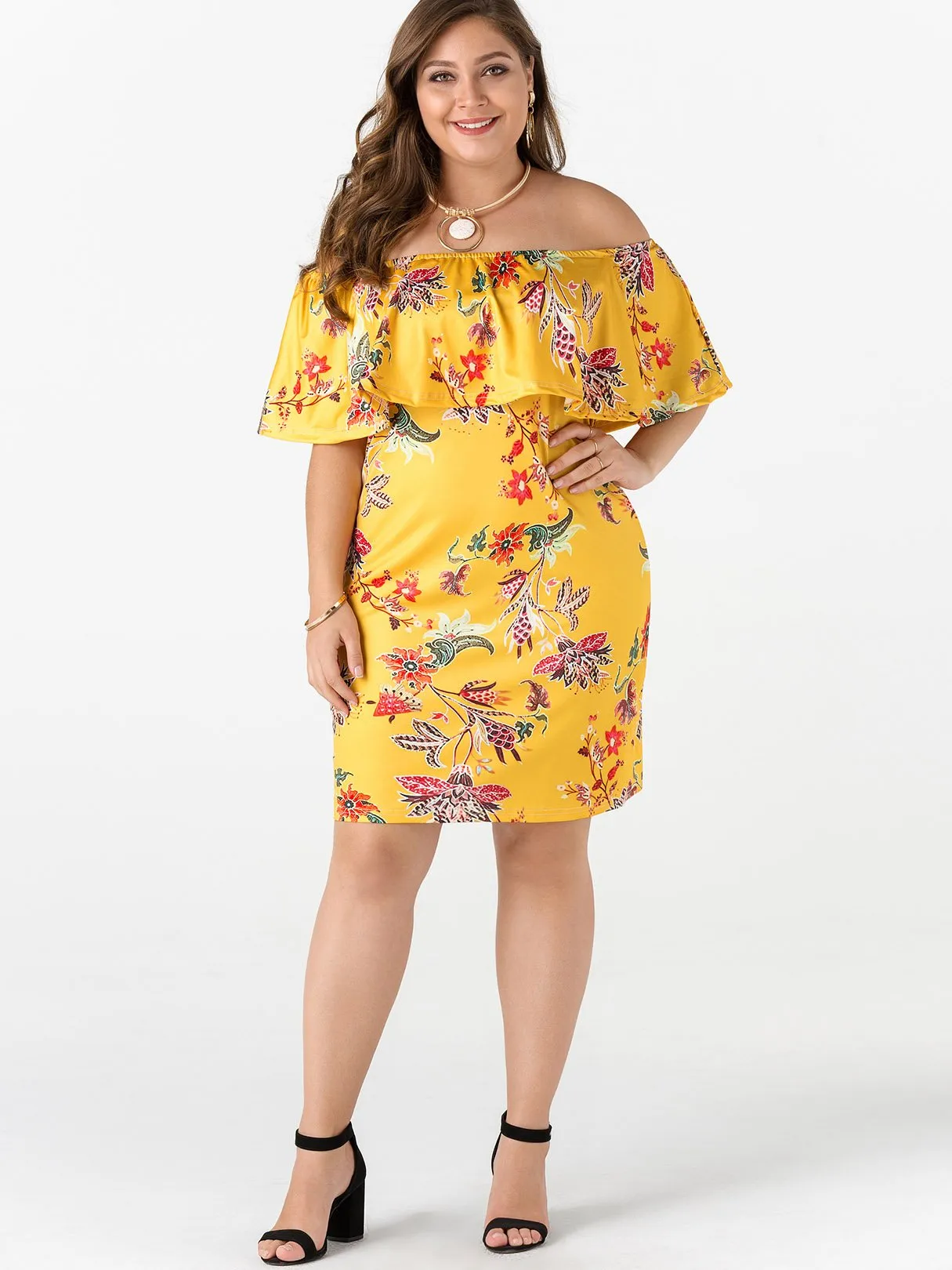 OEM ODM Off The Shoulder Floral Print Tiered Half Sleeve Yellow Plus Size Dress
