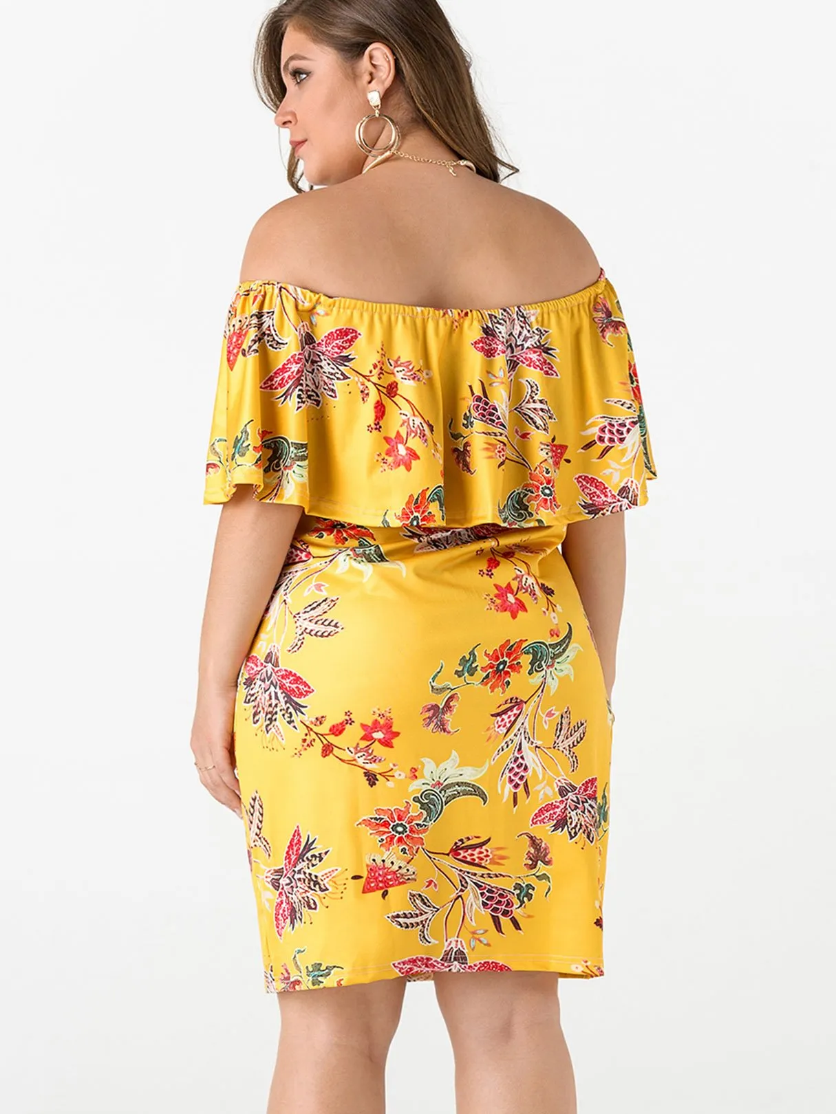 OEM ODM Off The Shoulder Floral Print Tiered Half Sleeve Yellow Plus Size Dress