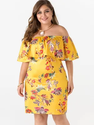 OEM ODM Off The Shoulder Floral Print Tiered Half Sleeve Yellow Plus Size Dress