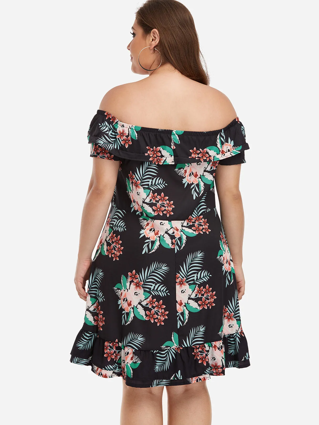 OEM ODM Off The Shoulder Floral Print Tiered Short Sleeve Flounced Hem Plus Size Mini Dresses