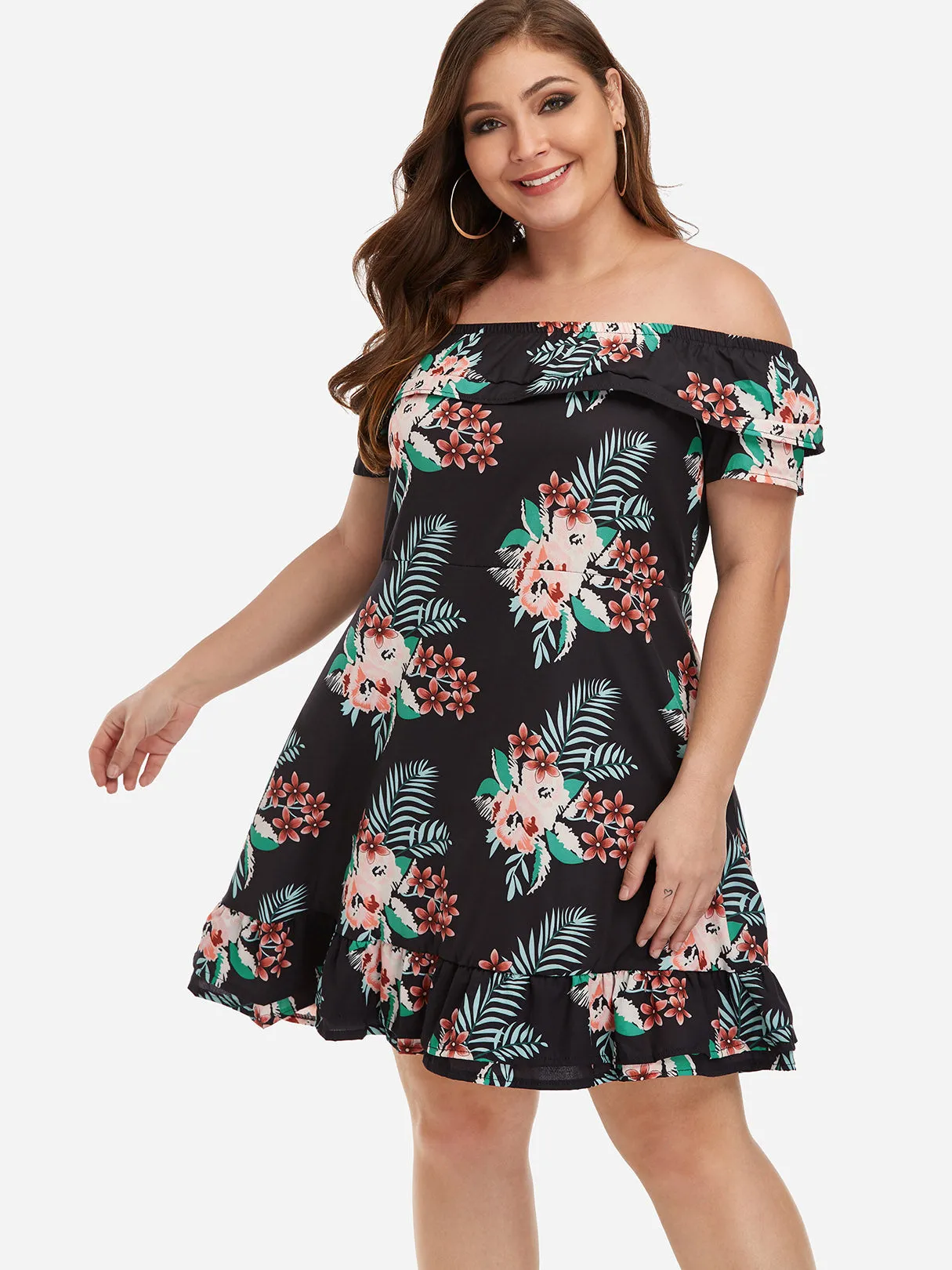 OEM ODM Off The Shoulder Floral Print Tiered Short Sleeve Flounced Hem Plus Size Mini Dresses