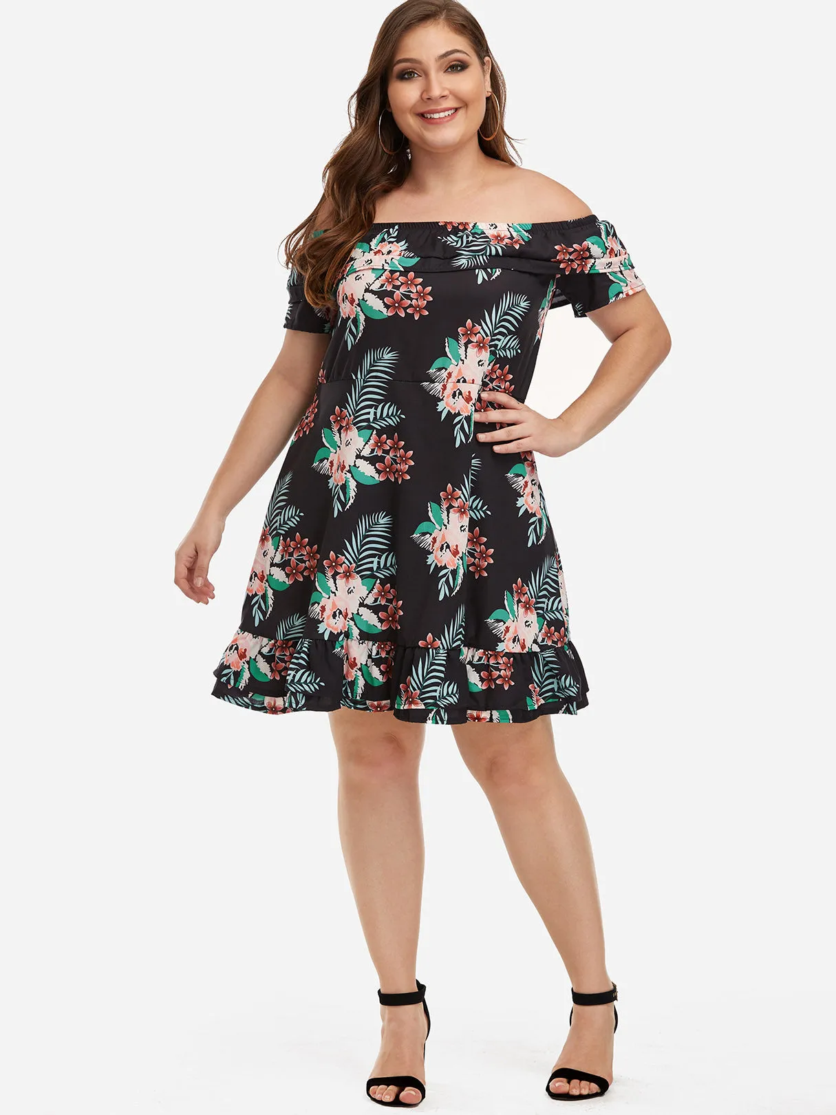 OEM ODM Off The Shoulder Floral Print Tiered Short Sleeve Flounced Hem Plus Size Mini Dresses