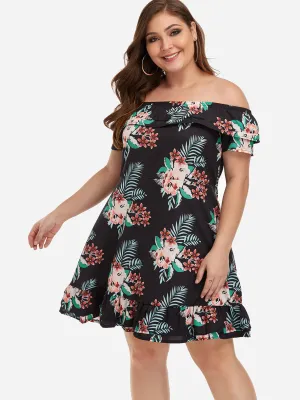 OEM ODM Off The Shoulder Floral Print Tiered Short Sleeve Flounced Hem Plus Size Mini Dresses