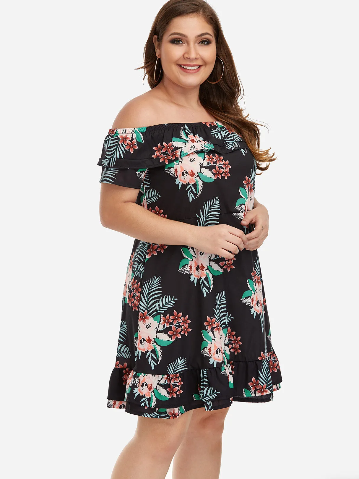 OEM ODM Off The Shoulder Floral Print Tiered Short Sleeve Flounced Hem Plus Size Mini Dresses