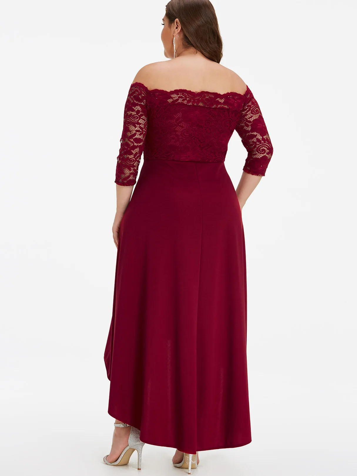 OEM ODM Off The Shoulder Plain Lace 3/4 Sleeve High-Low Hem Burgundy Plus Size Dress
