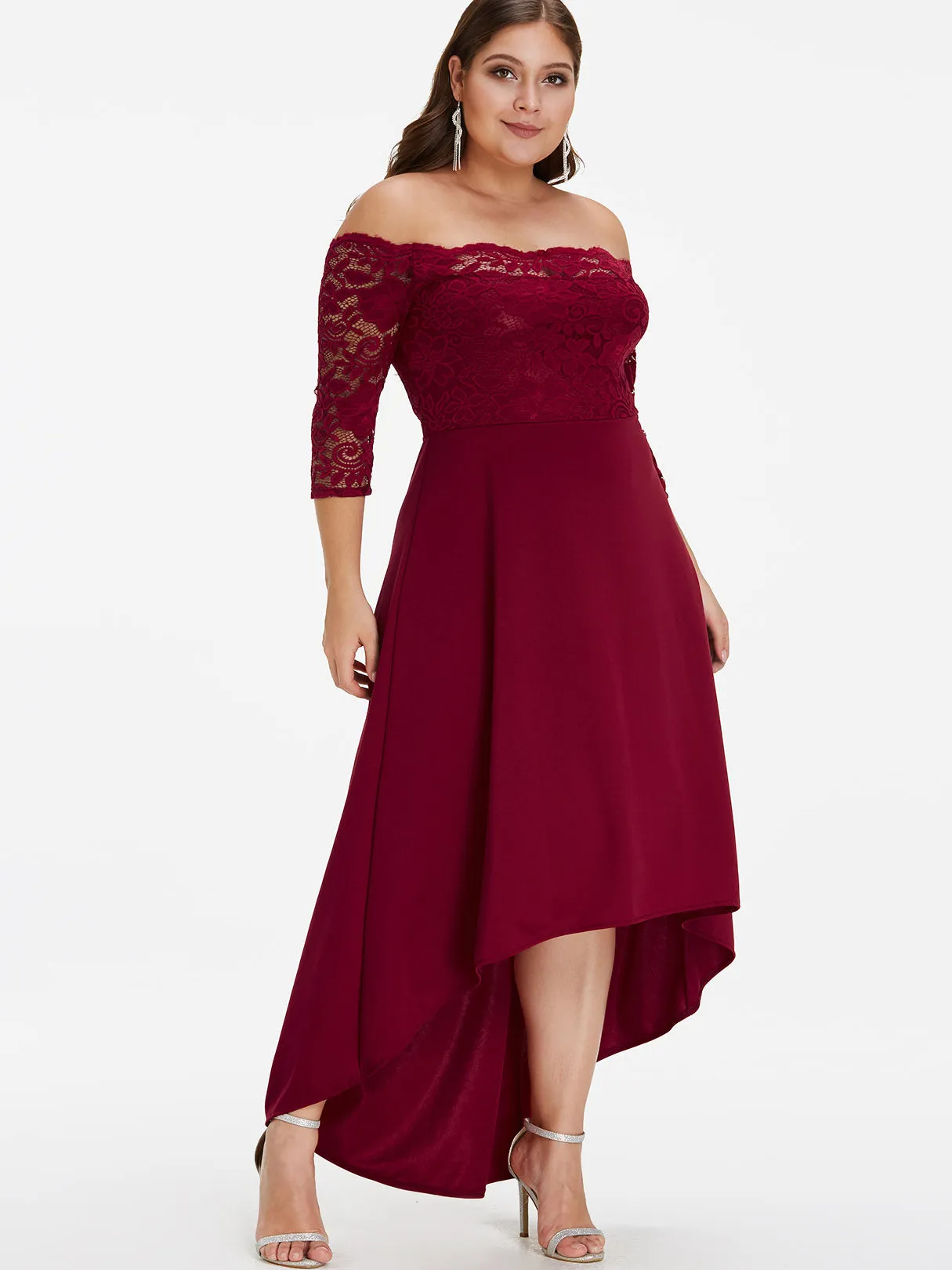 OEM ODM Off The Shoulder Plain Lace 3/4 Sleeve High-Low Hem Burgundy Plus Size Dress
