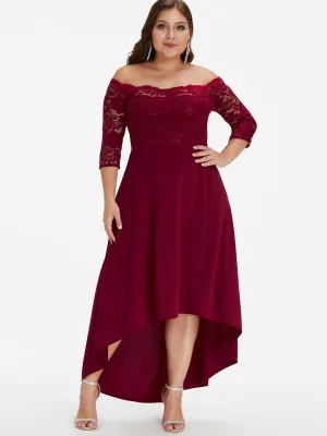 OEM ODM Off The Shoulder Plain Lace 3/4 Sleeve High-Low Hem Burgundy Plus Size Dress