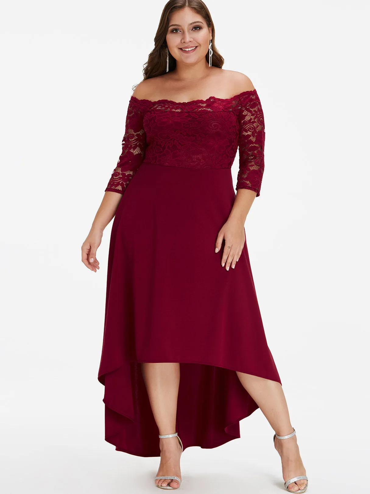 OEM ODM Off The Shoulder Plain Lace 3/4 Sleeve High-Low Hem Burgundy Plus Size Dress