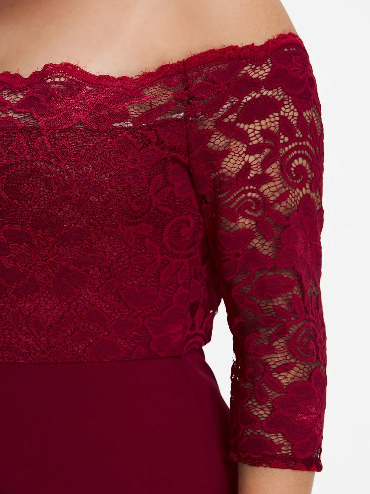 OEM ODM Off The Shoulder Plain Lace 3/4 Sleeve High-Low Hem Burgundy Plus Size Dress