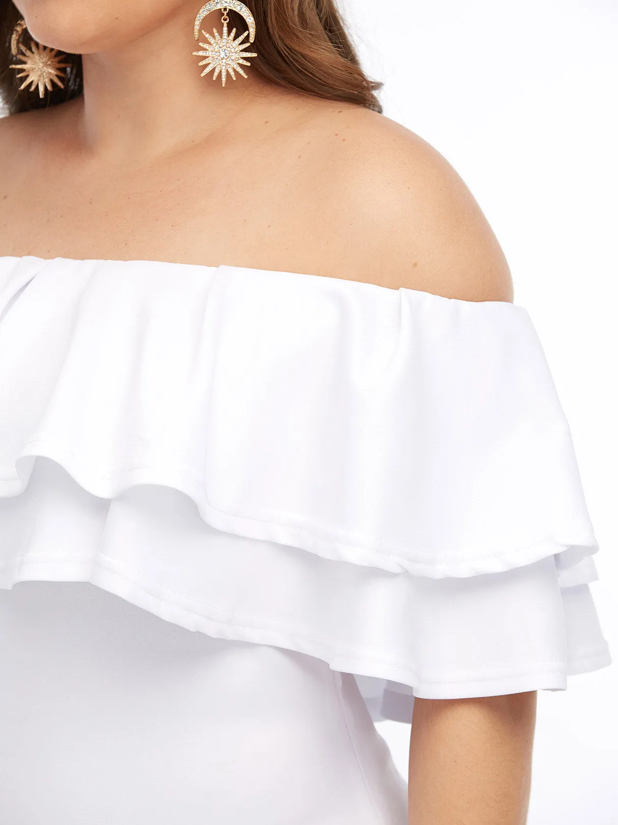 OEM ODM Off The Shoulder Plain Tiered Ruffle Trim Half Sleeve Plus Size Dresses