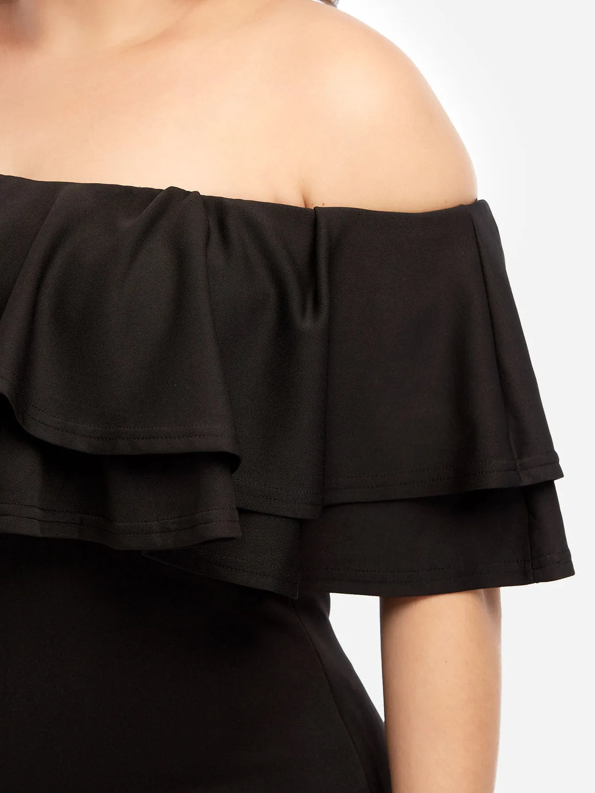 OEM ODM Off The Shoulder Plain Tiered Ruffle Trim Half Sleeve Plus Size Dresses