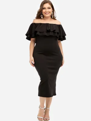 OEM ODM Off The Shoulder Plain Tiered Ruffle Trim Half Sleeve Plus Size Dresses