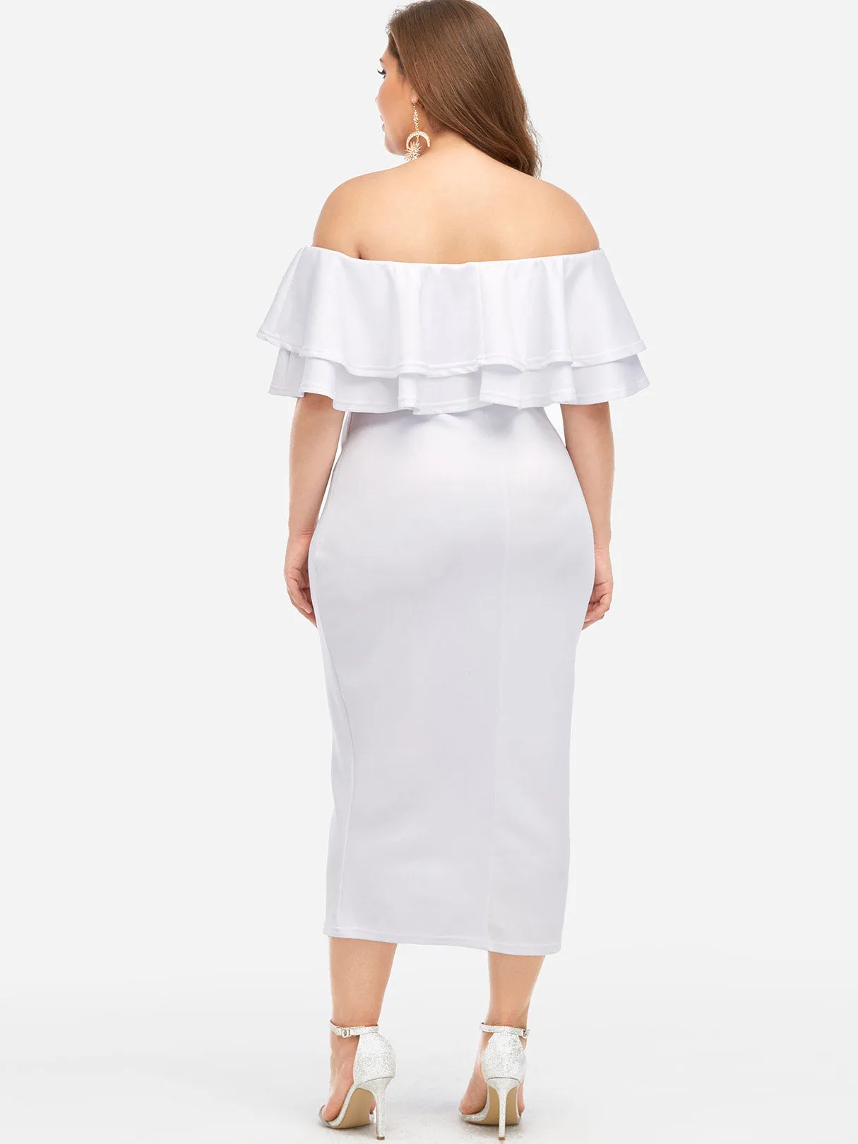 OEM ODM Off The Shoulder Plain Tiered Ruffle Trim Half Sleeve Plus Size Dresses