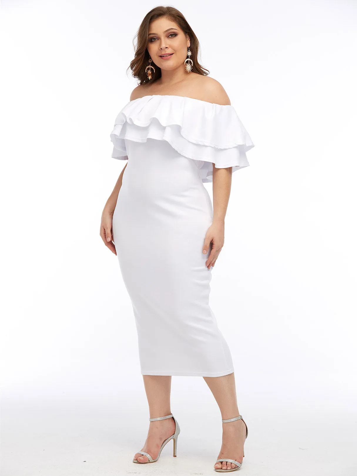 OEM ODM Off The Shoulder Plain Tiered Ruffle Trim Half Sleeve Plus Size Dresses
