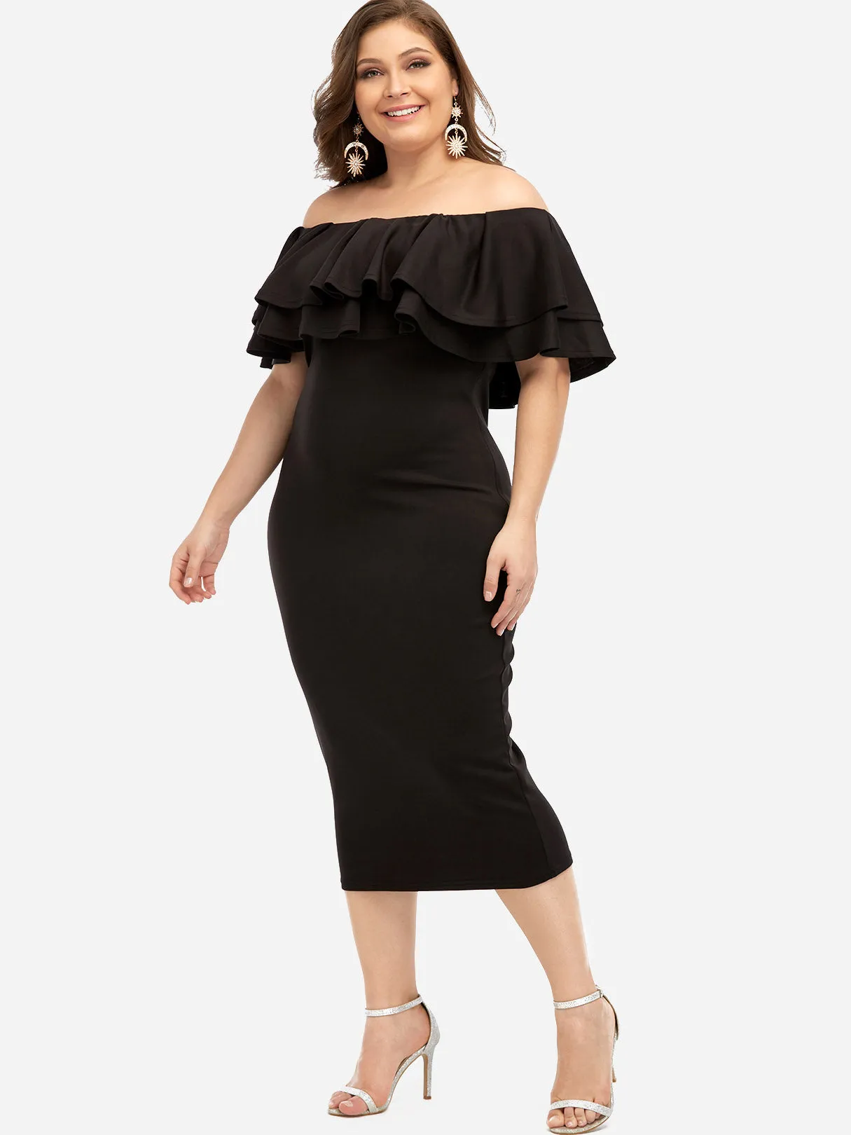 OEM ODM Off The Shoulder Plain Tiered Ruffle Trim Half Sleeve Plus Size Dresses