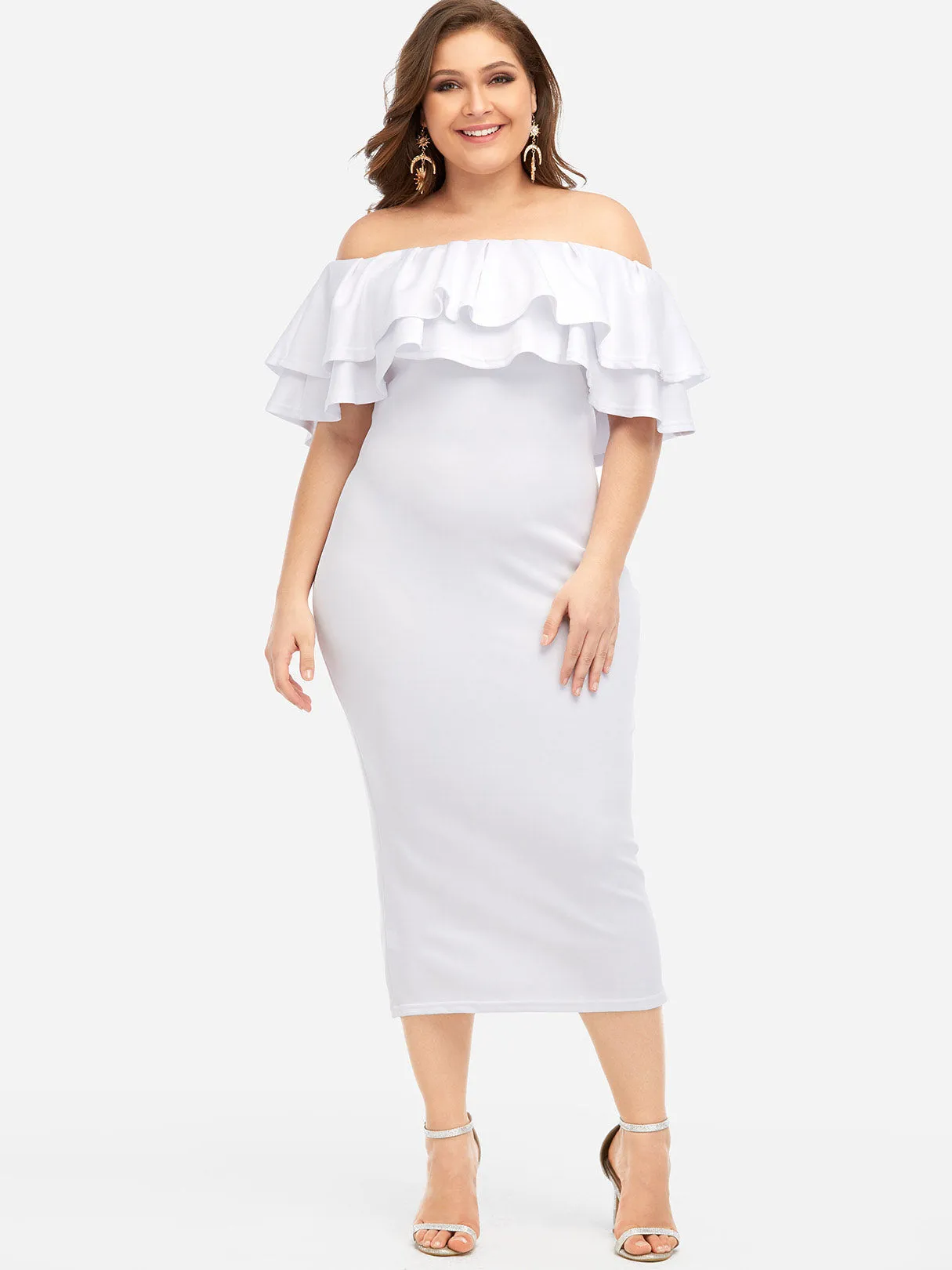 OEM ODM Off The Shoulder Plain Tiered Ruffle Trim Half Sleeve Plus Size Dresses
