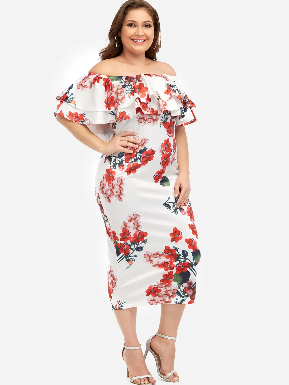 OEM ODM Off The Shoulder Plain Tiered Ruffle Trim Half Sleeve Plus Size Dresses