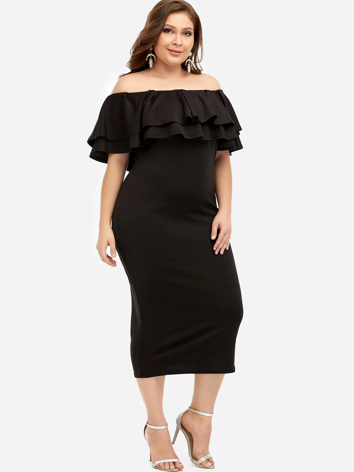OEM ODM Off The Shoulder Plain Tiered Ruffle Trim Half Sleeve Plus Size Dresses