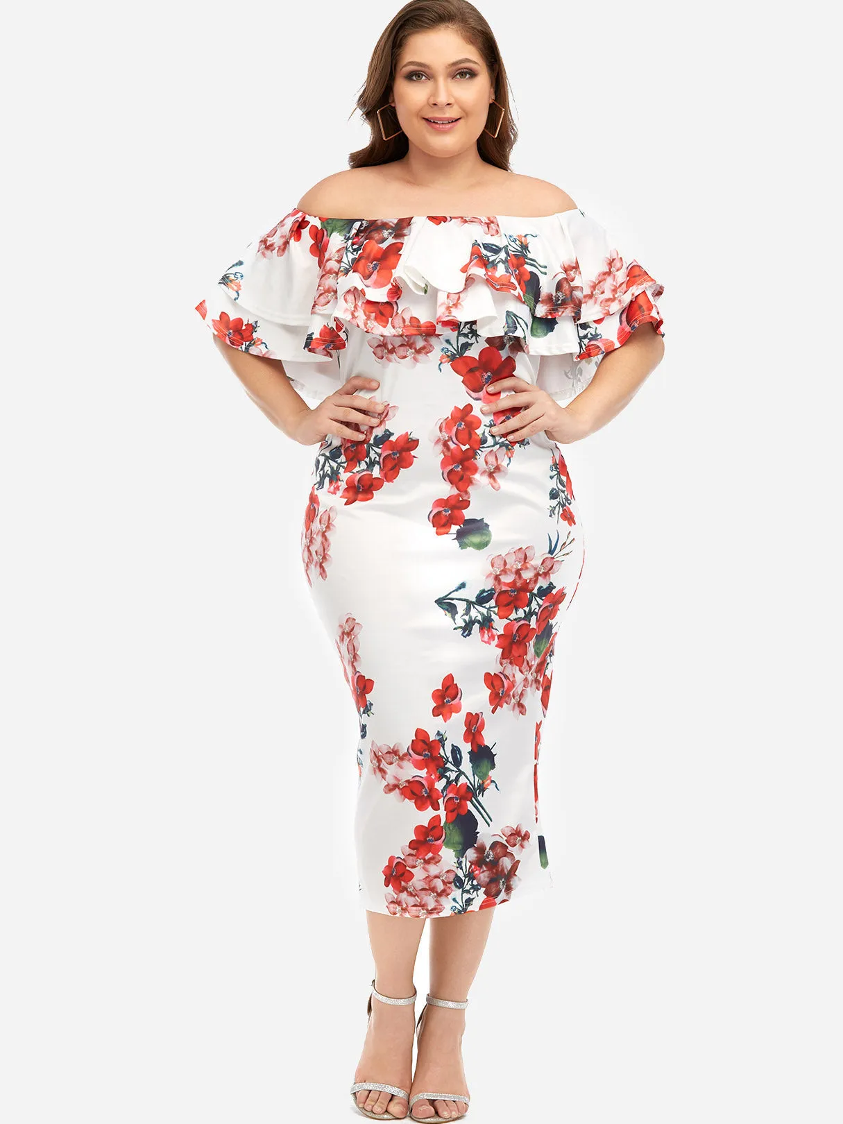 OEM ODM Off The Shoulder Plain Tiered Ruffle Trim Half Sleeve Plus Size Dresses