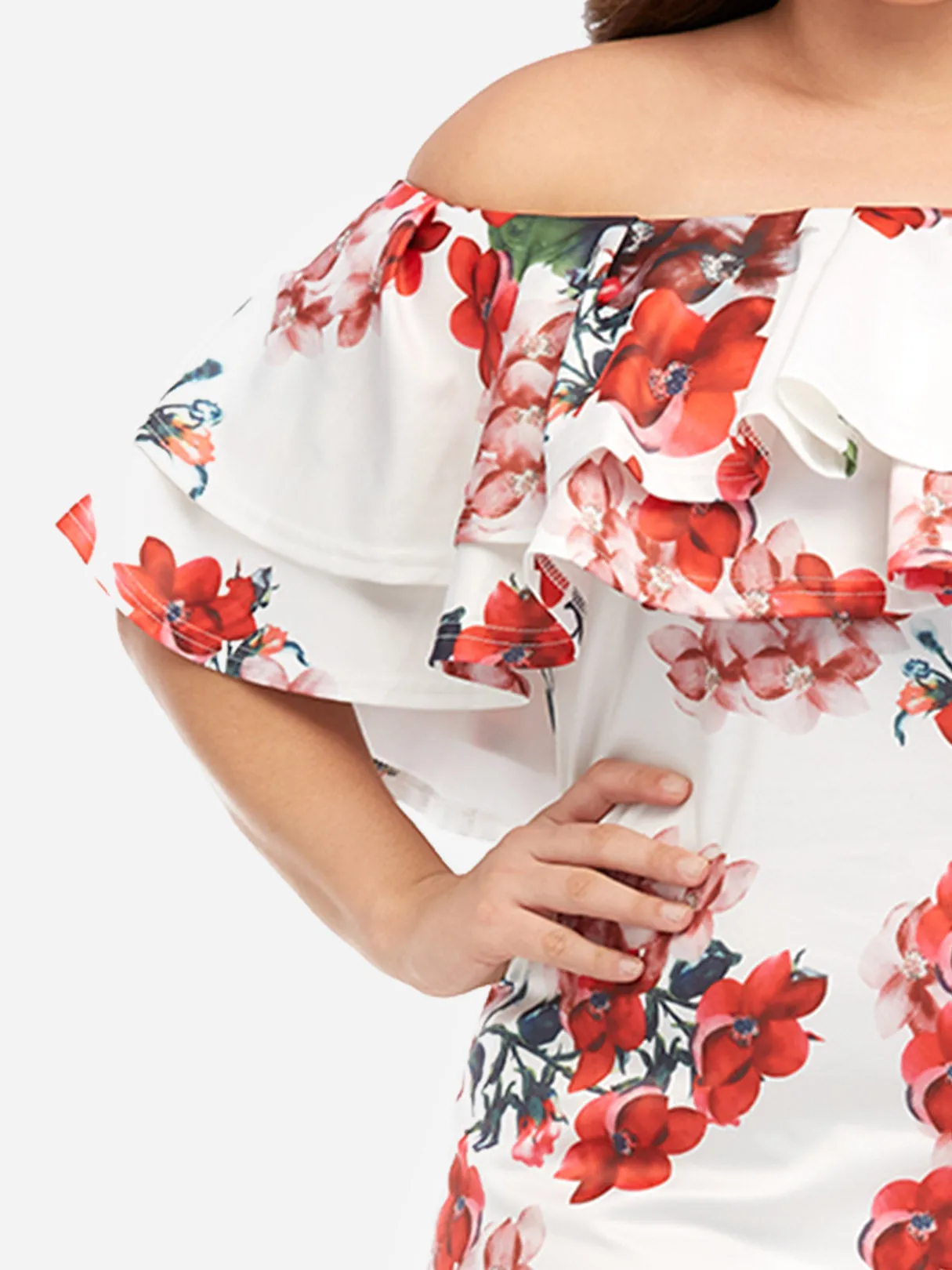 OEM ODM Off The Shoulder Plain Tiered Ruffle Trim Half Sleeve Plus Size Dresses