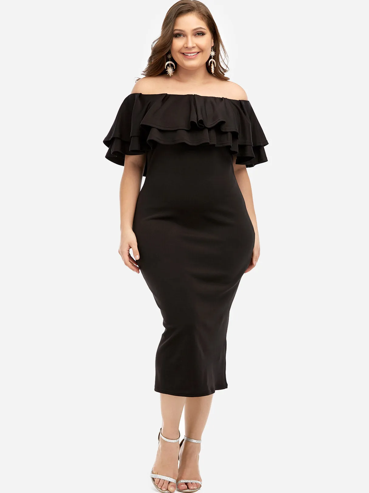 OEM ODM Off The Shoulder Plain Tiered Ruffle Trim Half Sleeve Plus Size Dresses