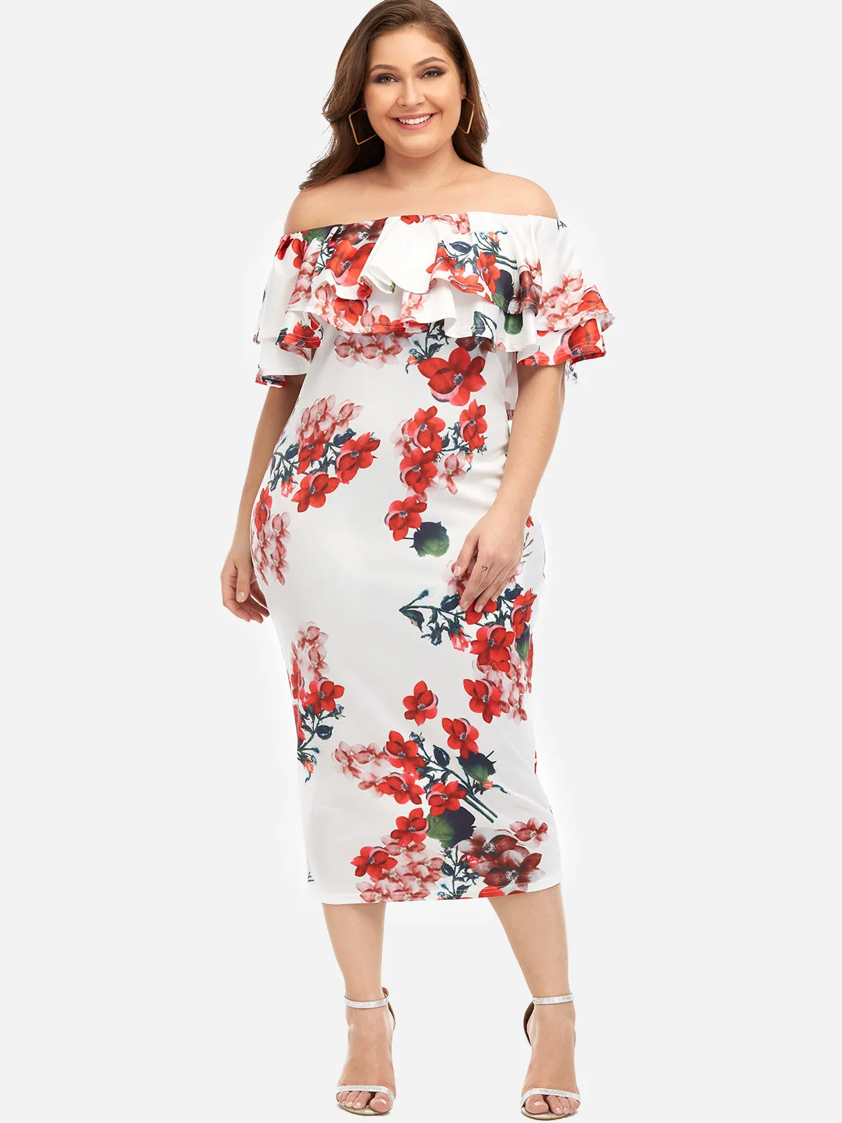 OEM ODM Off The Shoulder Plain Tiered Ruffle Trim Half Sleeve Plus Size Dresses