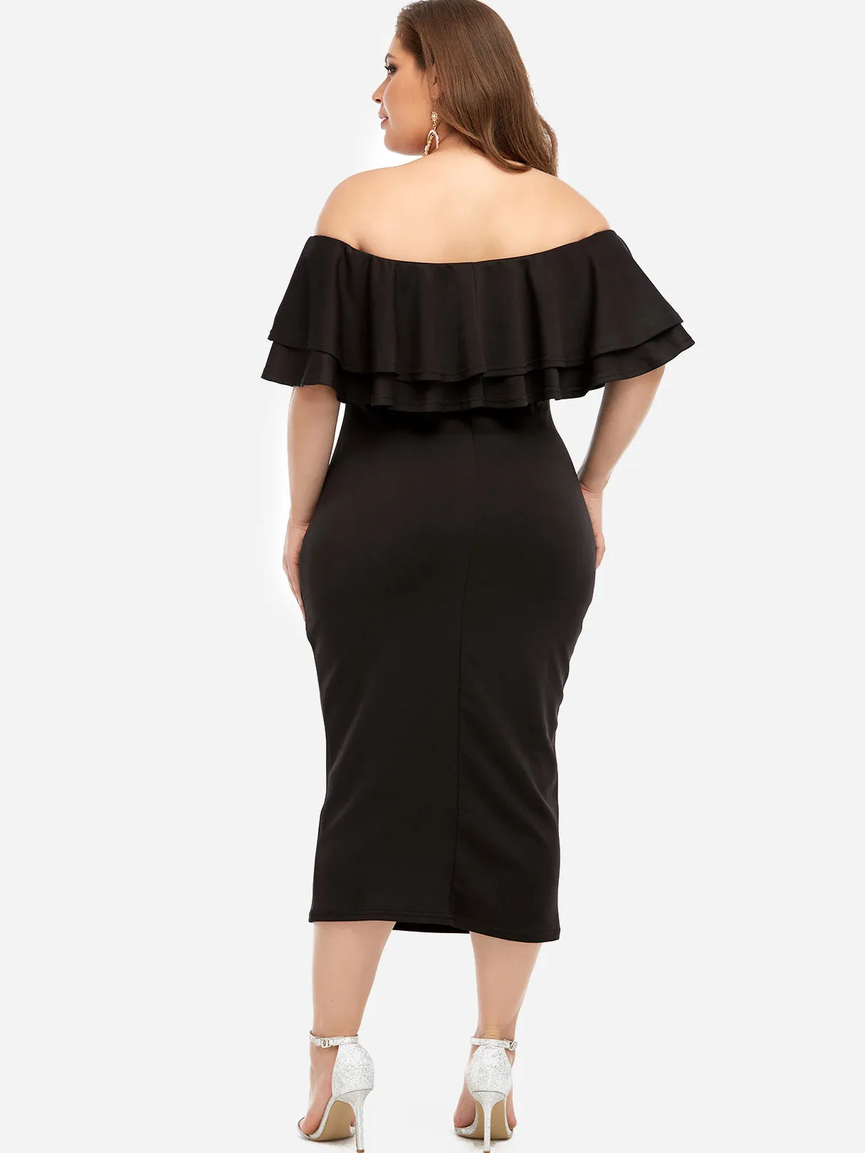 OEM ODM Off The Shoulder Plain Tiered Ruffle Trim Half Sleeve Plus Size Dresses