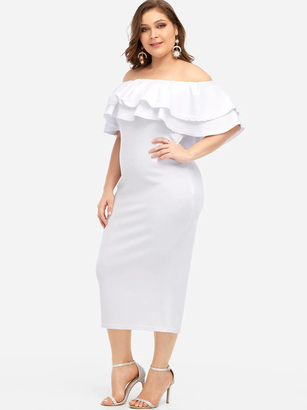 OEM ODM Off The Shoulder Plain Tiered Ruffle Trim Half Sleeve Plus Size Dresses