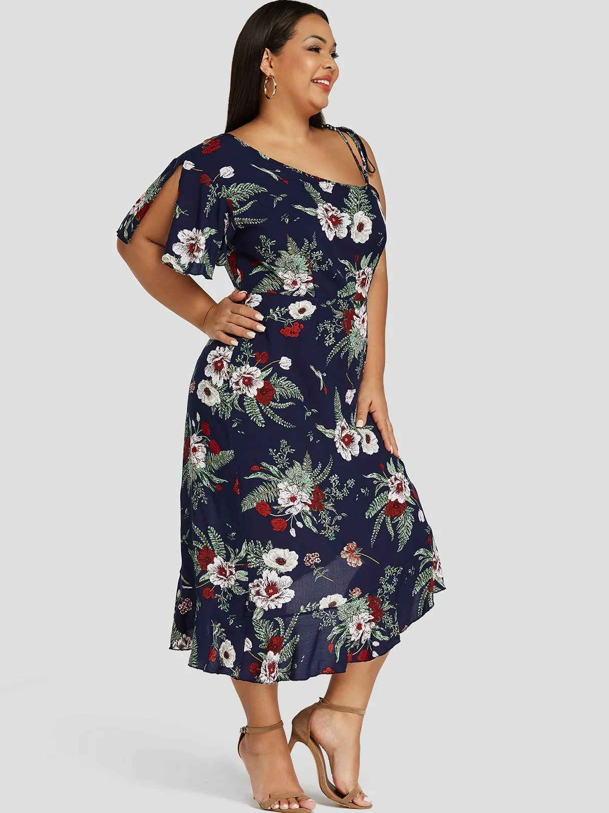 OEM ODM One Shoulder Floral Print Self-Tie Ruffle Trim Short Sleeve Irregular Hem Navy Plus Size Dress