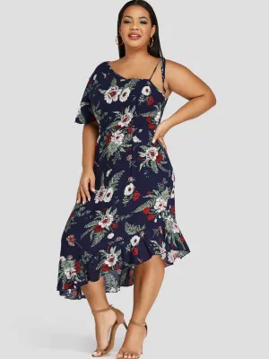 OEM ODM One Shoulder Floral Print Self-Tie Ruffle Trim Short Sleeve Irregular Hem Navy Plus Size Dress