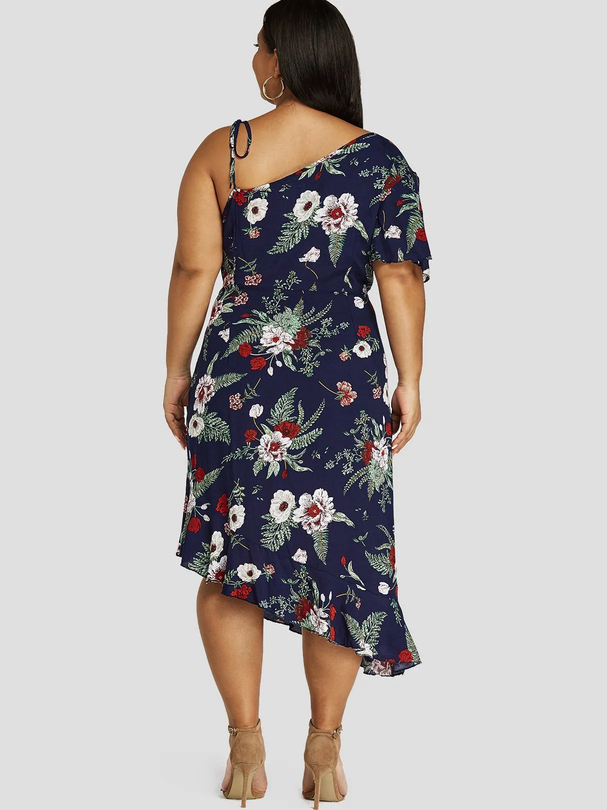 OEM ODM One Shoulder Floral Print Self-Tie Ruffle Trim Short Sleeve Irregular Hem Navy Plus Size Dress