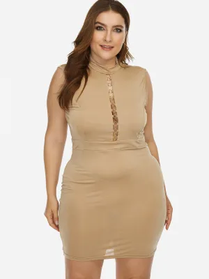OEM ODM Perkins Collar Plain Cut Out Sleeveless Khaki Plus Size Dresses