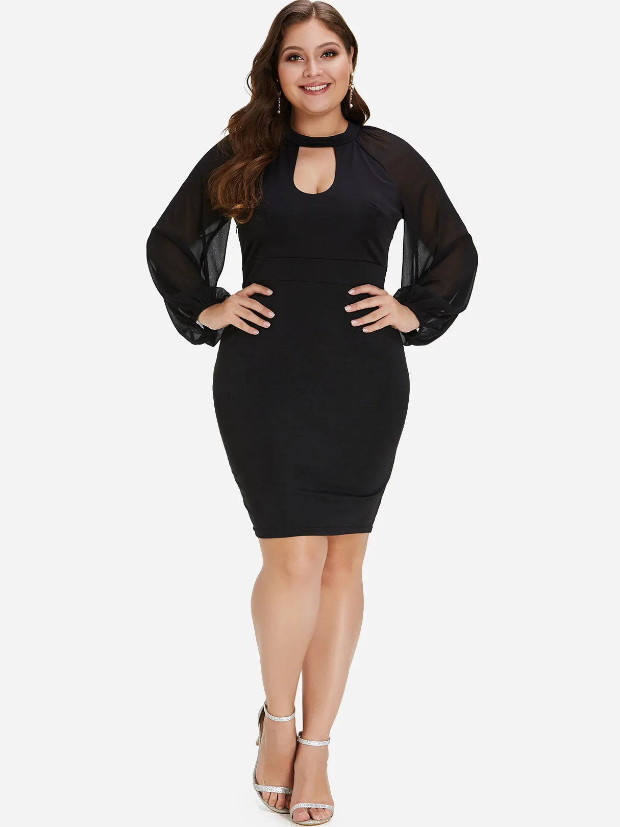 OEM ODM Plain Cut Out Long Sleeve Black Plus Size Dress
