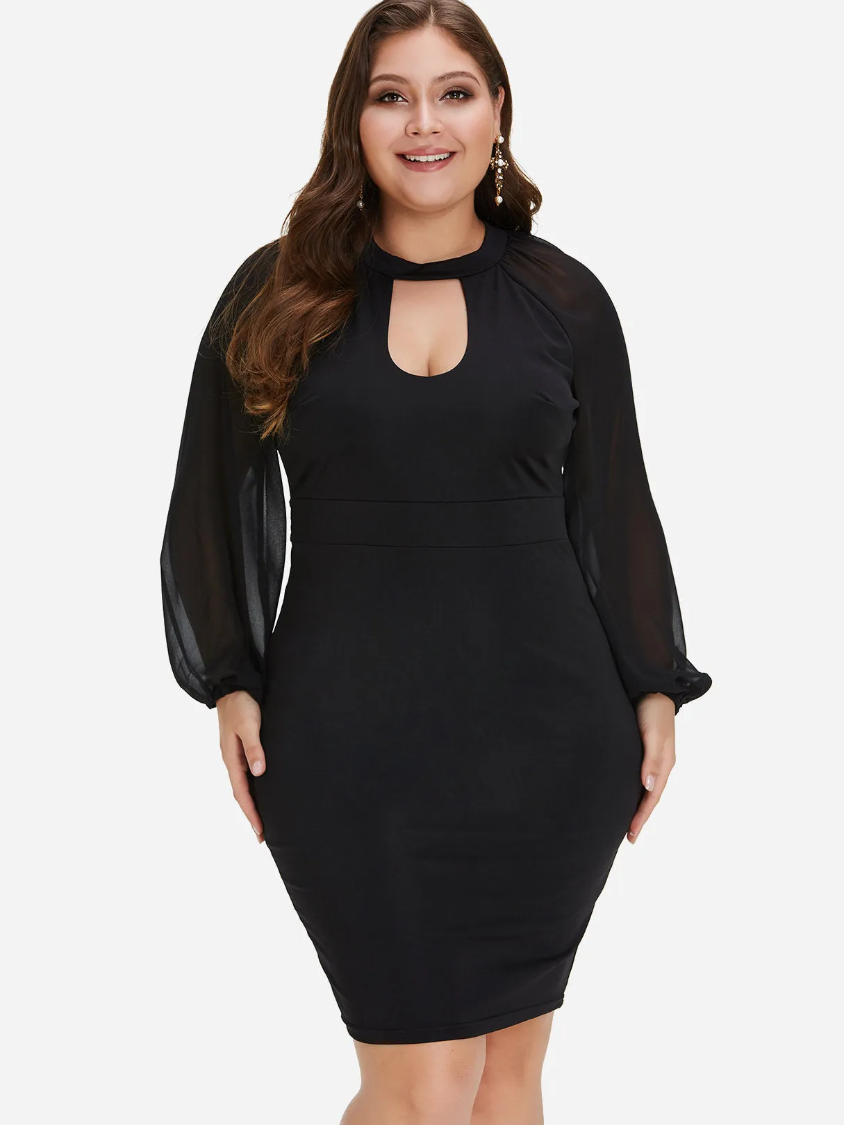 OEM ODM Plain Cut Out Long Sleeve Black Plus Size Dress