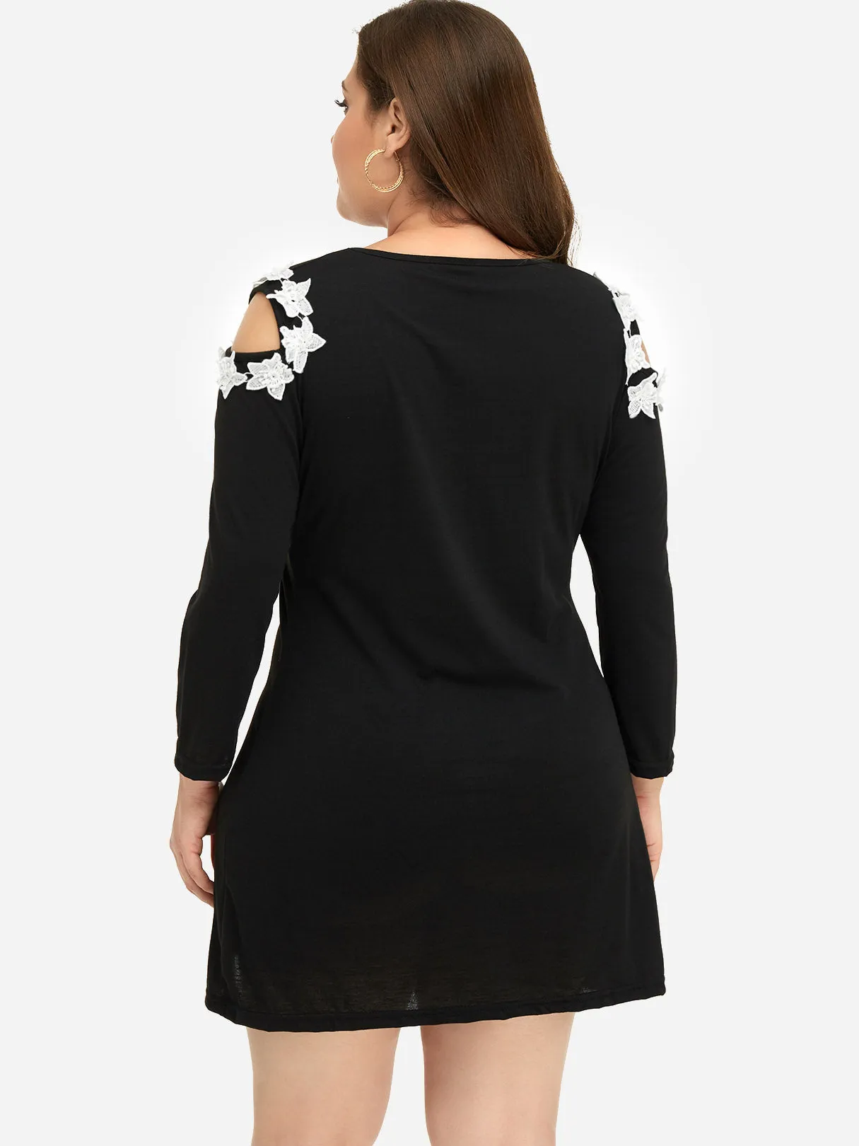 OEM ODM Round Neck Cold Shoulder Plain Cut Out Long Sleeve Black Plus Size Dress